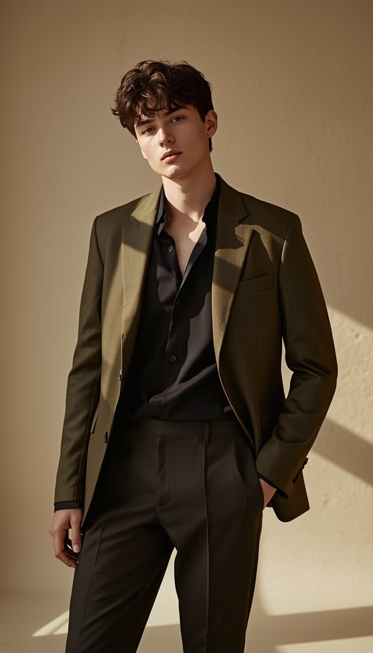 Olive blazer with black shirt and dark trousers