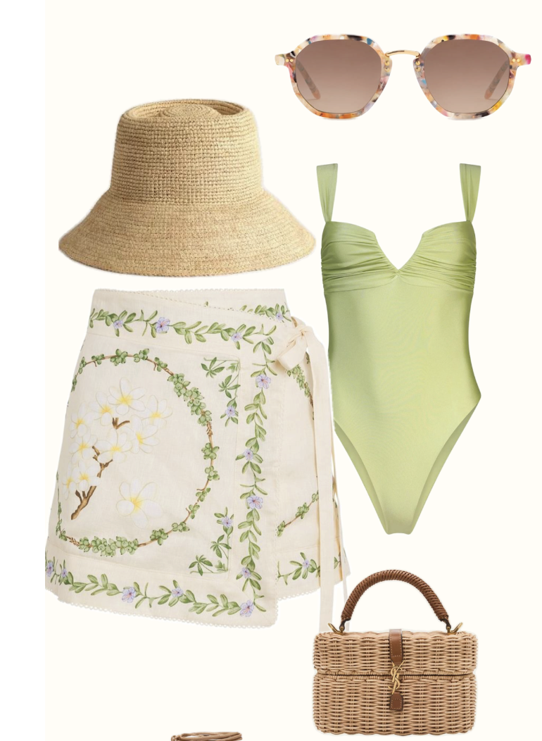 Soft green one-piece swimsuit with embroidered ivory wrap skirt and raffia hat