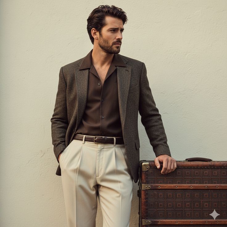 Brown textured blazer with cream trousers