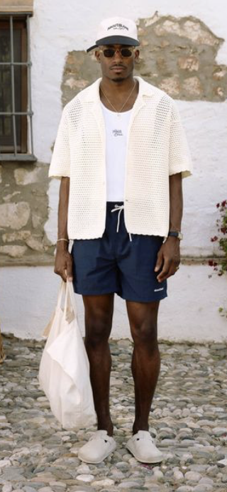 Ivory crochet camp shirt with navy swim shorts