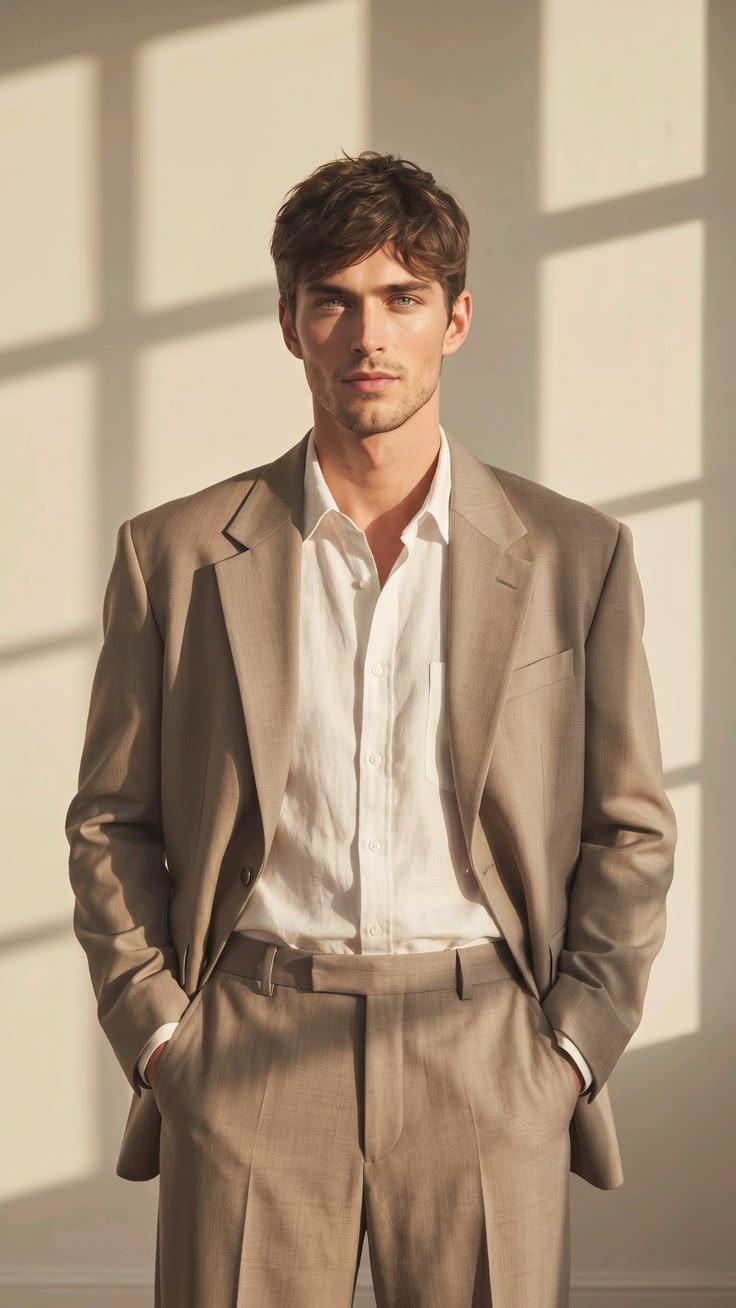 Taupe suit with open white shirt