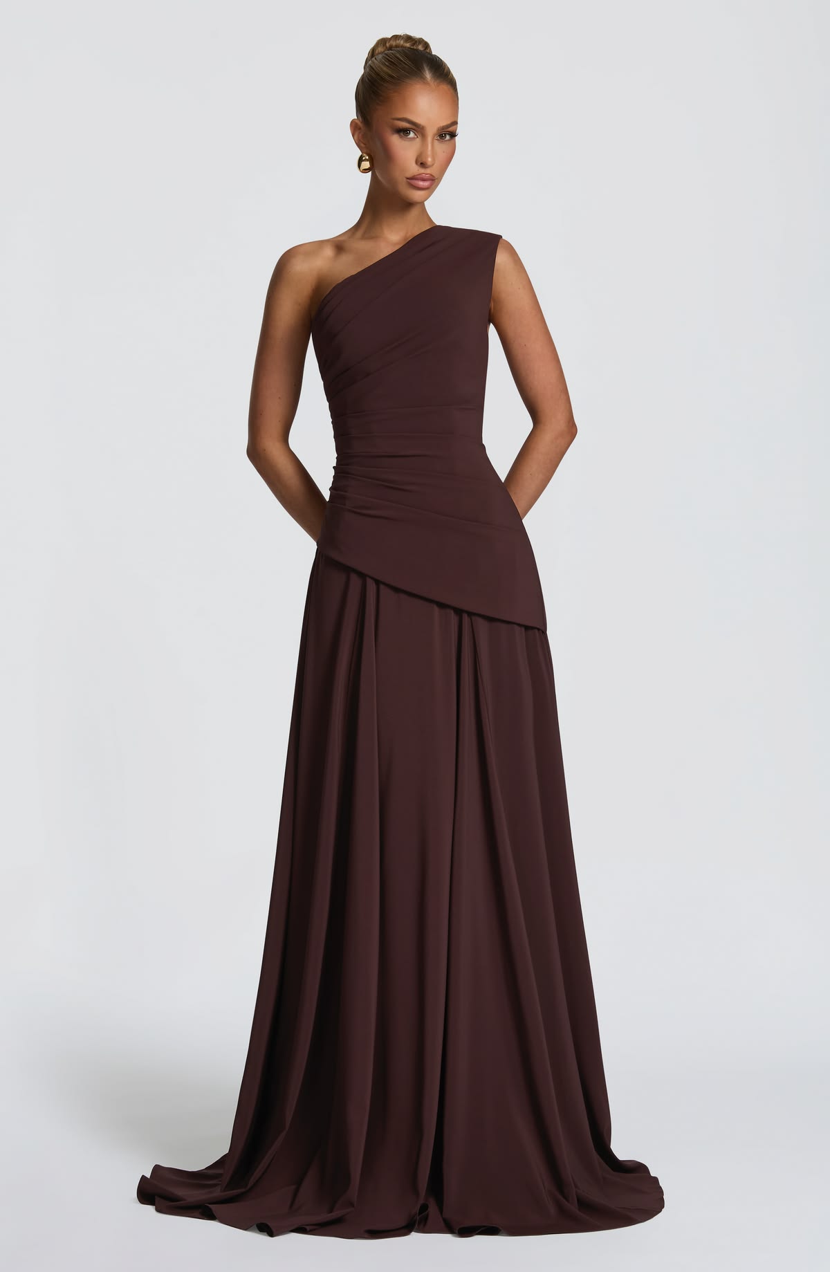 One-shoulder chestnut gown