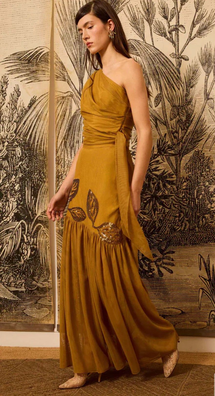 Ochre one-shoulder gown with beaded leaf detail