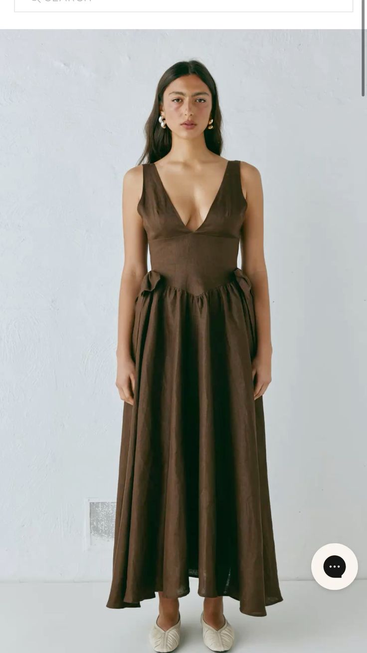 Brown linen midi dress with full skirt