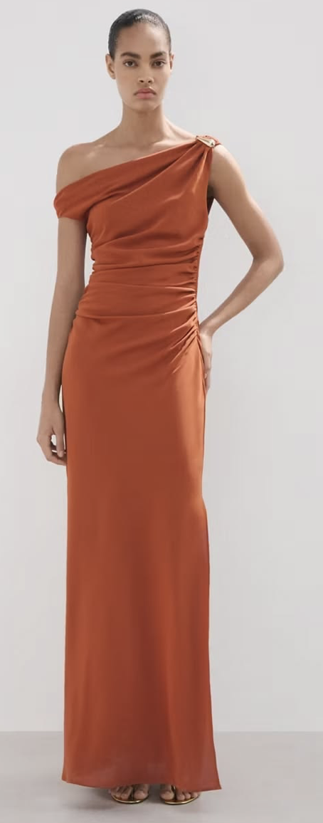 Rust one-shoulder ruched satin gown